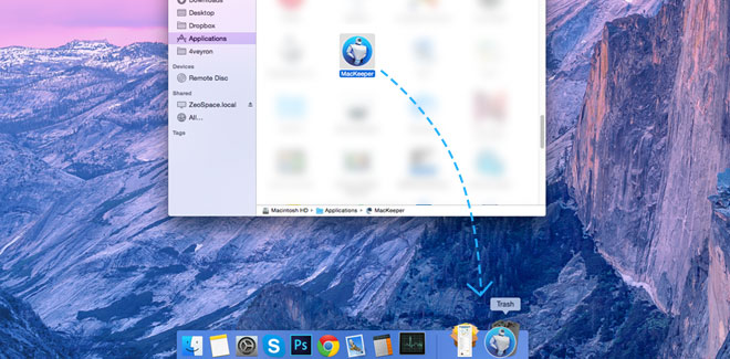 Drag MacKeeper.app to the Trash or use Cmd-Delete. Drag MacKeeper.app to the Trash or use Cmd-Delete.