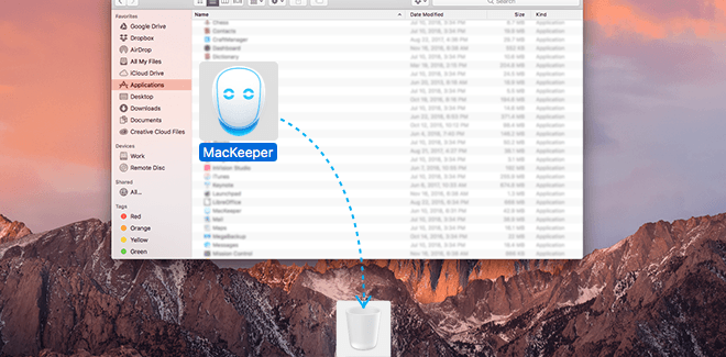 Drag MacKeeper.app to the Trash or use Cmd-Delete. Drag MacKeeper.app to the Trash or use Cmd-Delete.